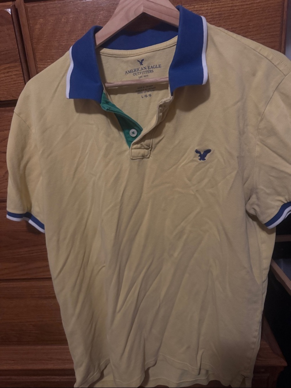 American Eagle Outfitters Men’s Yellow Polo with Blue Collar and Green Placket